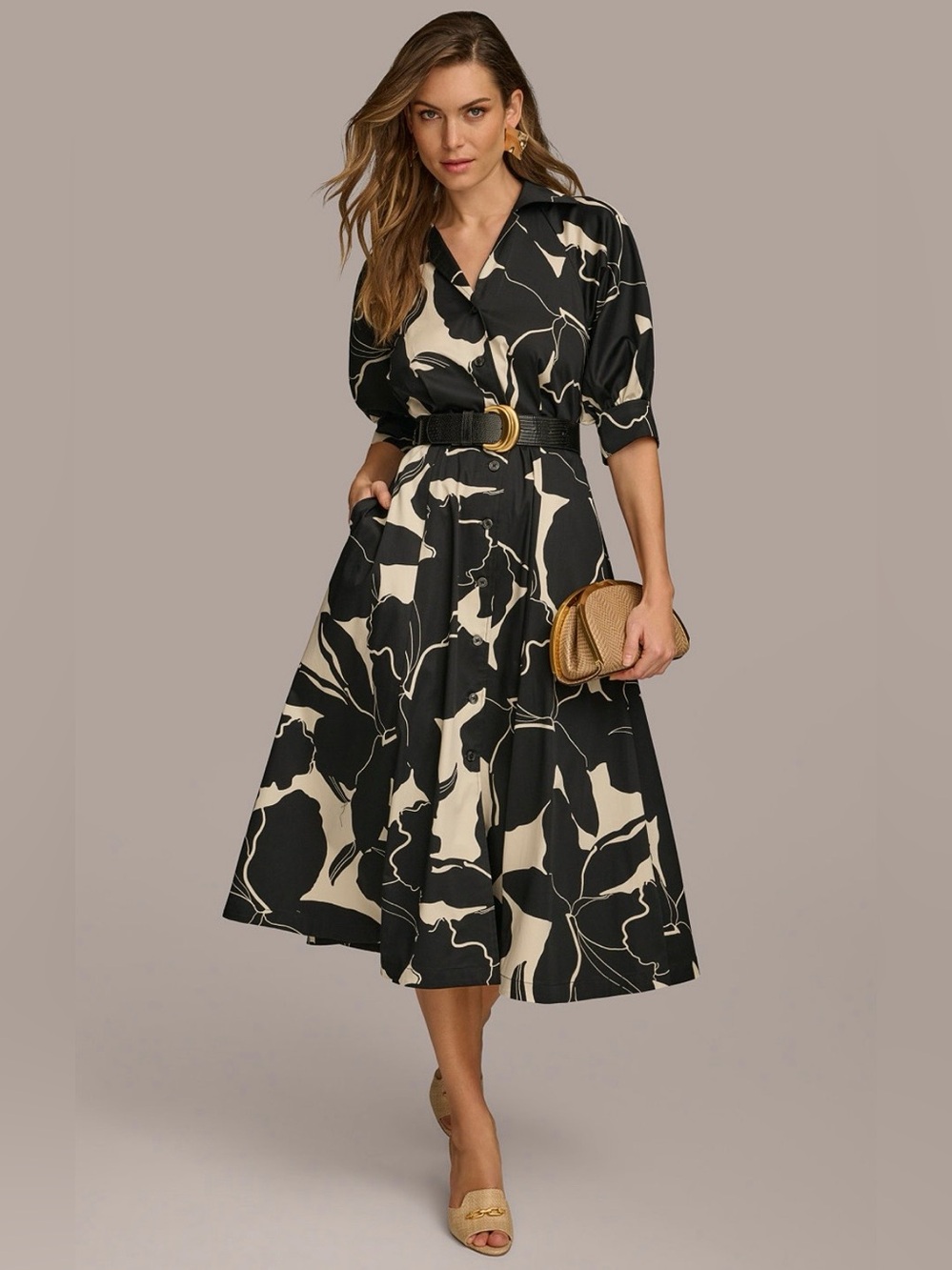Donna Karan New York Black and Cream Floral Midi Shirt Dress with Belt